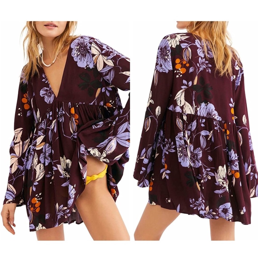 Free People "Bella" Maroon Floral Babydoll, Bell Sleeve Mini Dress WS